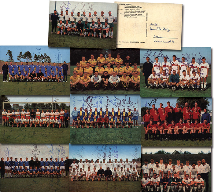 Sammelbilder-Bergmann 65  | 10 verschiedene Farb-Mannschaftspostkarten „Bundesliga 1965/66“ von Bergmann ohne weißem Rand. Je 14,5x10 cm, Pappe. Alle Karten mit zahlreichen original Signaturen, singesamt 115 Signaturen!