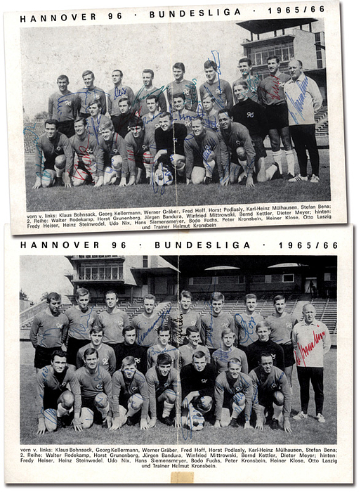 Hannover 96 - 1965  | 2 S/W-Mannschaftsbild "Hannover 96. Bundesliga. 1965/66" mit 18 und 17 Komplett signiert) von Trainer Kronsbein und den Spielern. 19x15 cm.