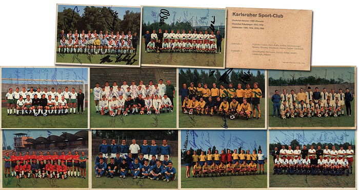 Sammelbilder-Bergmann 67  | 12 farbige signierte Mannschaftskarten von Bergmann "Bundesliga Saison 1967/68" Mit weißem Rand und umseitiger Beschriftung (ohne Nummern), Je 14,5x10,5cm. Insgeamt 181 Signaturen