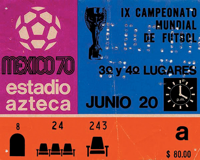 Eintrittskarte WM1970  | Fußball-Weltmeisterschaft 1970 in Mexiko. Spiel um den 3.Platz: Deutschland - Uruguay (1:0) im Estadio Azteca am 20. Juni 1970. 12,5x10 cm.