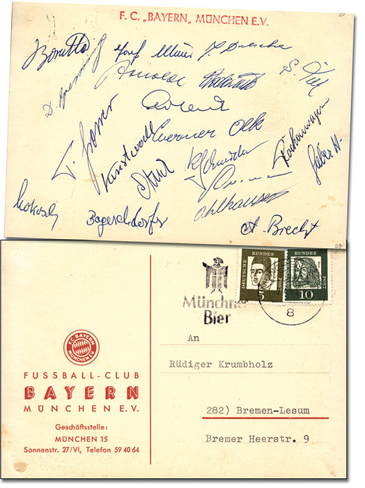 München,Bayern - 1963  | Autogrammpostkarte „Saison 1963/64“ mit 21 original Signaturen u.a. von ungen Sepp maier, Borutta, Dreschner, Tietz, Röckenwagner, Sieber, Giesemann, Ohlhauser, Brecht, K.Schneider, Olk, Bogendorfer, Kunstwadl, Mokosch, Nafziger, H.Erhartdt, Wodorzik?, Arnold, Groner, Brenninger. 15x10 cm.