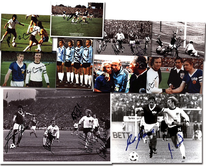 Sammlung DDR - BRD WM 1974  | 10 verschiedene Bildbelege (1 Presse foto, 9 Reprofotos9 vom ersten und einzigsten Länderspiel der BR Deutschland gegen die DDR bei der Fußball - Weltmesiterschaft 1974. Mit 27 original Signaturen der Spieler: Sparwasser, Höttges, Kremers, Breitner, Hoeness, Beckenbauer, Vogts, Overath, Schön, Derwall, Müller, K.WeiseBransch, Maier. 30x20 bis 15x10 cm