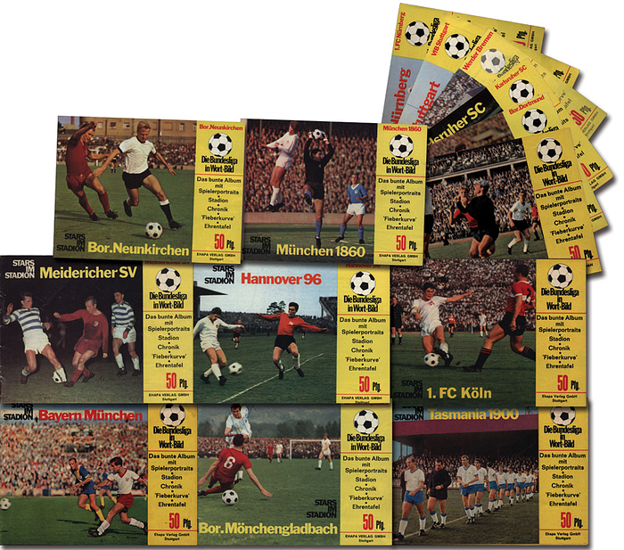 Stars im Stadion (17x13)  | 14  Hefte „Stars im Stadion. Das bunte Album mit Spielerportraits. Stadion. Chronik. „Fieberkurve“. Ehrentafel. Die Bundesliga in Wort + Bild“.
