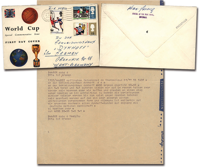 Telegramm von Max Lorenz  | Original Telegramm des deutschen Nationalsspielers Max Lorenz von der Fußball - Weltmeisterschaft 1966 an das Bekleidungshaus "Dykhoff" in Brmen vom 14.7.1966. Briefumschlag wurde von Max Lorenz (1939-2025) persönlich beschriftet. Original Signatur von Lorenz auf der Rückseite des Umschlages. 27,5x21 cm + 17x11 cm