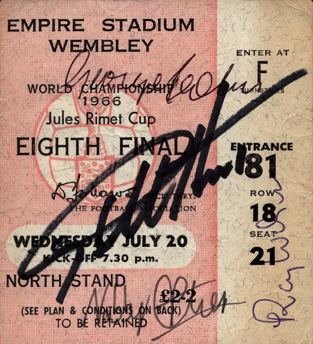  - World Cup 1966. Ticket England v France. Wembley, 20th July. 8x9 cm --folded -With four original signatures of the English players and 1966 World Champions: Cohen, Wilson, Hunt, and Stiles. Condition: B