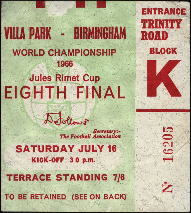  - World Cup 1966 ticket Germany vs. Argentina 1/8 final, July 16th, 1966 at Villa Park, Birmingham. Size 8x9 cm. --with signs of glue on the backside Condition: A-
