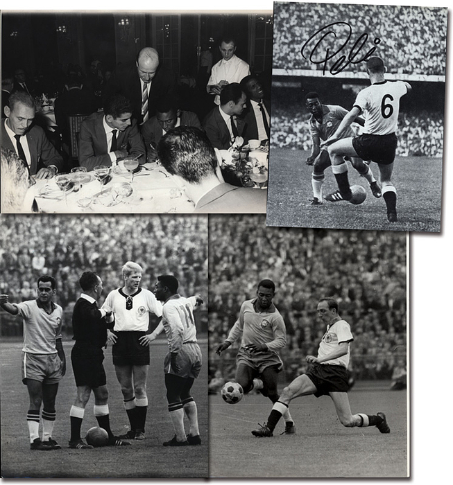 Pele  | (1940-2022) S/W-Magazinfoto mit Originalsignatur von Pele signiert. Brasilianischer Fußball - Weltmeister 1958, 1962 und 1970. 20,5x15,5  cm. Dabei drei S/W-Pressefoto mit Pele je 20x15 cm