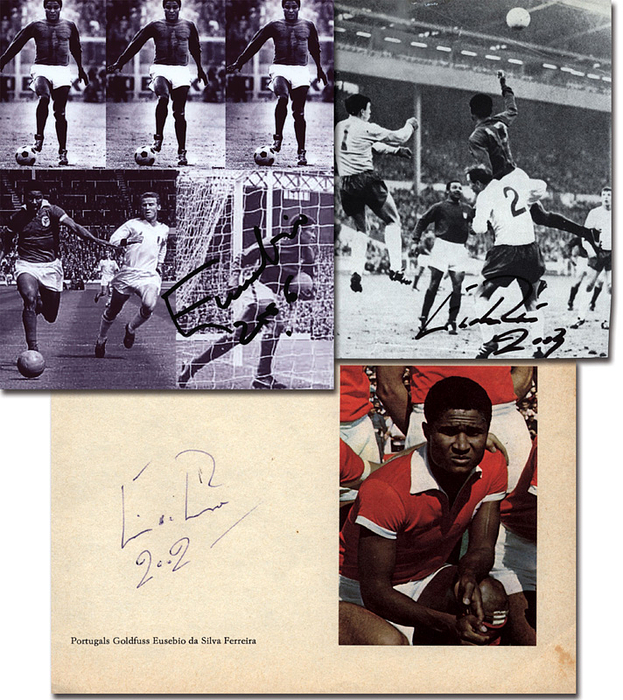 Eusebio  | (1942-2014) Drei verschiedene Autogrammbelege jeweils mit Originalsignatur. Portugiesischer  WM-Torschützenkönig 1966 und Europas Fußballer des Jahres 1965. 19x12 cm bis 13x10 cm