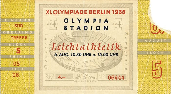 Ticket athletics Olympic Games 1936 - August 6th, athletics, Olympic Stadium, standing room 1.- RM. 12.5x7cm. Ticket from the XI. Berlin Olympics 1936. Finals 1500 m 110 m hurdels, triple jump  --folded Condition: B-