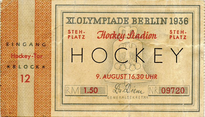 Eintrittskarte OSS1936  | 9.August, Hockey. (Schweiz v Belgien 2:1) Hockey-Stadion. Olympische Spiele 1936,  10,5x6 cm.
