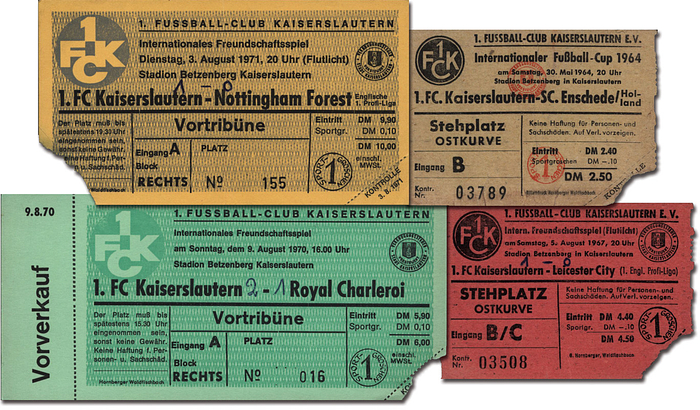  - 4 Match Tickets for 1. FC Kaiserslautern (home tickets) from matches against: 1) SC Enschede (1964); 2) Leicester City (1967); 3) Royal Charleroi (1970); 4) Nottingham Forest (1971). Dimensions: 15 x 7 cm to 8.5 x 6 cm. Condition: A-