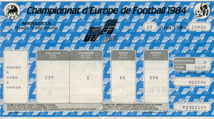 UEFA Football Euro1984. Ticket France - Portugal - UEFA Football Euro1984. Ticket France - Portugal in Marseille on 23rd June 1984. 18 x 10 cm. Condition: B
