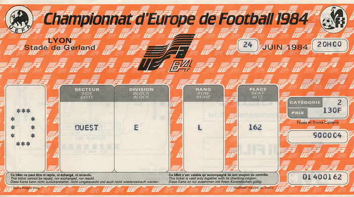  - Ticket to the semin final Spain against Denmark at the European Championships in Lyon on 24th June 1984. 18 x 10 cm. Condition: B
