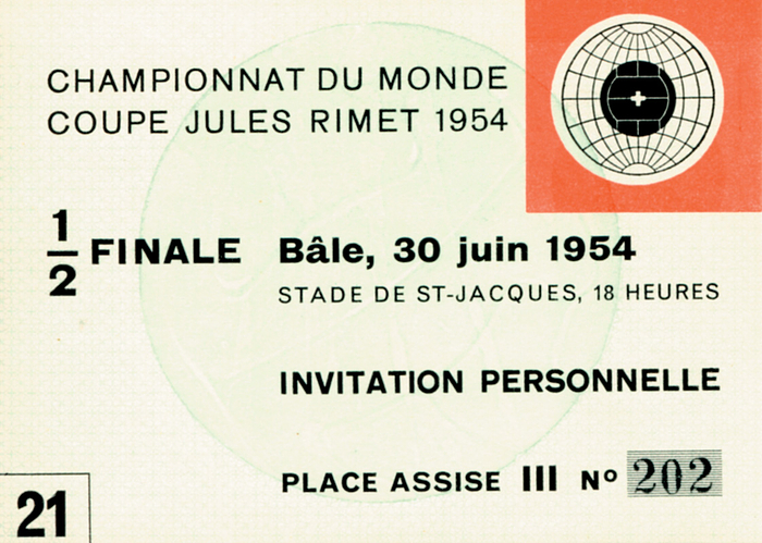  - World Cup 1954. VIP Tickets Semi-final: VIP seat ticket for the Austria vs German on 30.61954, size 11x8cm, very rare! (FRENCH). Condition: A