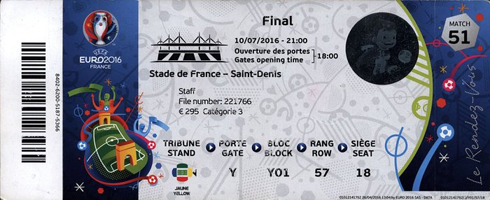 Eintrittskarte EM2016  | Finale Frankreich v Portugal (0:1) am 10.7.2016. Eintrittskarte UEFA EURO 2016. 10,5x8,5 cm.