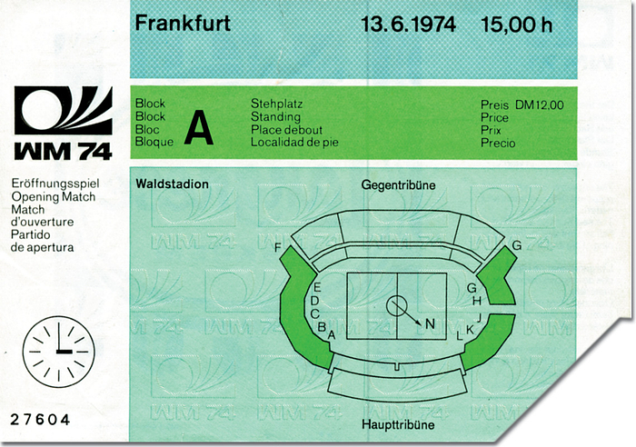 Eintrittskarte WM1974  | Eröffnungsspiel: Brasilien - Jugoslawien (0:0) im Frankfurter Waldstadion am 13. Juni 1974. 5x10 cm.