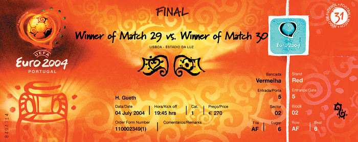  - Final Ticket UEFA Euro 2004 Portugal vs Greece on July 4th, 2004, size 20x8 cm. Complete ticket ! Condition: A-
