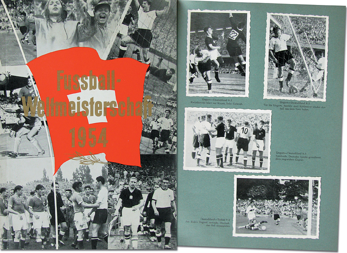  - World Cup 1954. Rare German Sticker Album from "WS": World Cup 1954 Switzerland, Collector's Photo Album complete. (GERMAN) Photo album with reports and statistics, the 80 b/w zig-zag edged photos (complete). size 21x30 cm, 60pages.(GERMAN). Condition: C