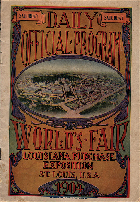  - World Fair Olympic Games 1904. Daily programme St Louis 1904. 2nd July.  16 Seiten, 15x22 cm, Broschur,. Where the Olymic Games also took place. There were no sporting events on July 2nd.  Jacket torn, cracked and dog-eared. Condition: C-