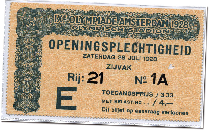 Eintrittskarte OSS1928  | „IXe Olympiade Amsterdam 1928. Openingsplechtigheid. Olympisch Stadion. 28 Juli 1928. Eintrittskarte für die Eröffnungsfeier, 11x6,5 cm.