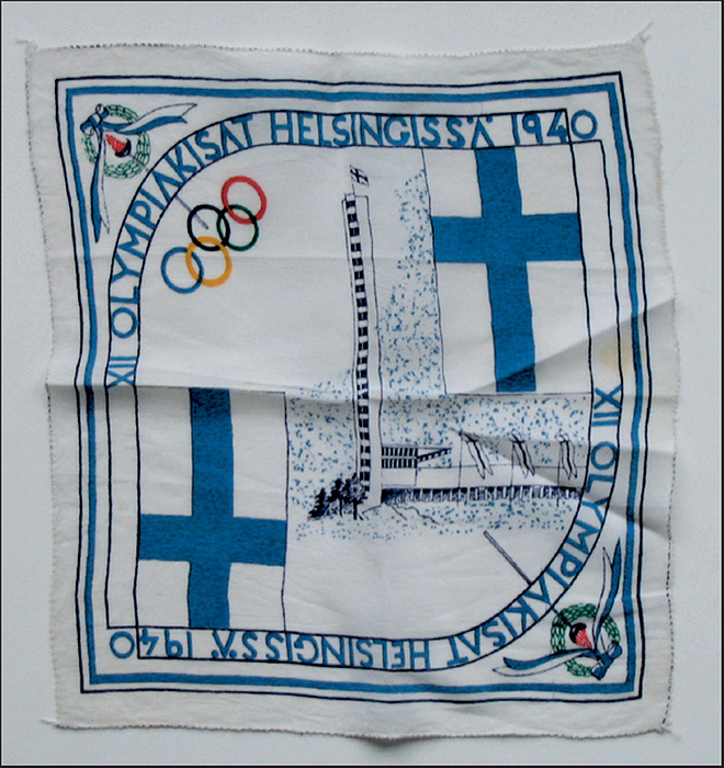  - Olympic Games 1940. : M/c commemorative silk scarf, Helsinki 1940. Size 23x23cm. Condition: A-