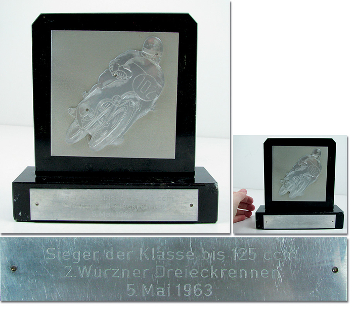  - Motor sport German race 1963 GDR  "Winner of the class up to 125 ccm - 2nd Wurzen triangle race May 5th, 1963" (in German). Mounted on marble. 16x16x5 cm. GDR motorcycle race near Leipzig. - small corner chipped on the marble plinth. Condition: B