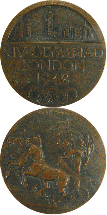  - Participation Medal: Olympic Games 1948.: XIV.Olympiad London 1948. Bronze, with relief motif and lettering, size 5.1cm. Presented to athletes and officials. -tarnished Condition: A-
