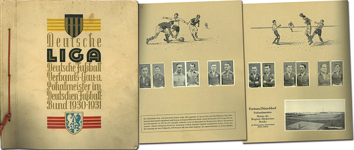 - Football German Sticker Album from Greiling 1931: Very rare collection of 793 b/w photcards (complete!!) with album. The photo cards show 64 German League Club Player's portraits and their Stadions. A unique collection about German League Football in the 30s! Size 25x28 cm, 124 pages. (GERMAN). Condition: C