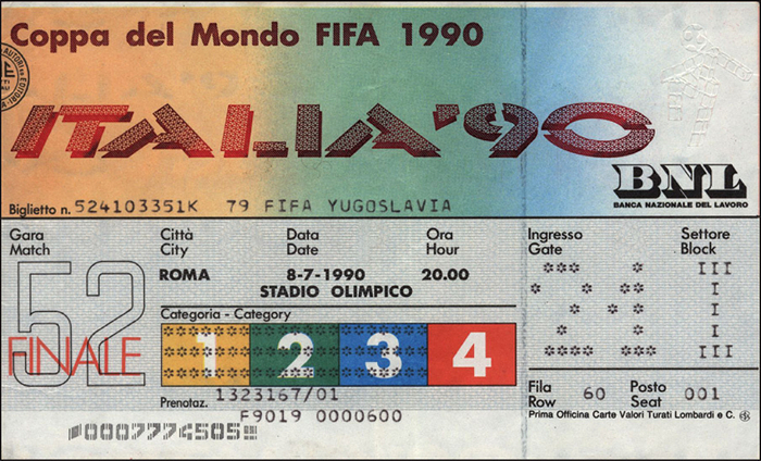 Eintrittskarte WM1990  | Coppa del Mondo FIFA 1990. Finale: Deutschland - Argentinien am 8.7.1990 in Rom, Stadio Olimpico. 15,3x9,5 cm.