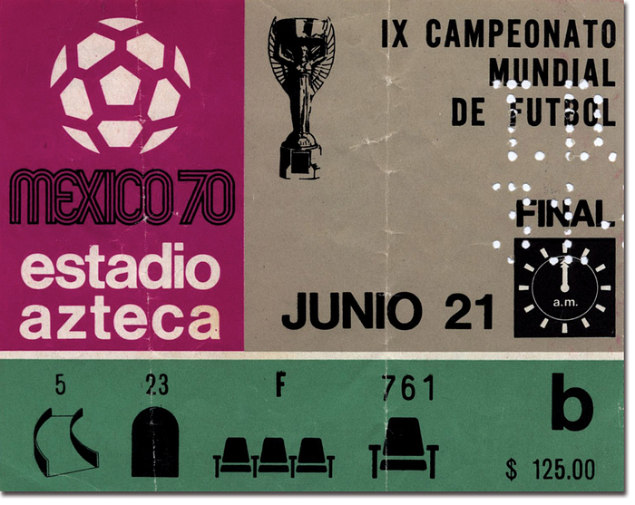  - FIFA World Cup 1970. Final ticket Brasil vs Italy on 21st June 1970 at Azteca stadium. Size 13x10 cm. -- folded! Condition: C