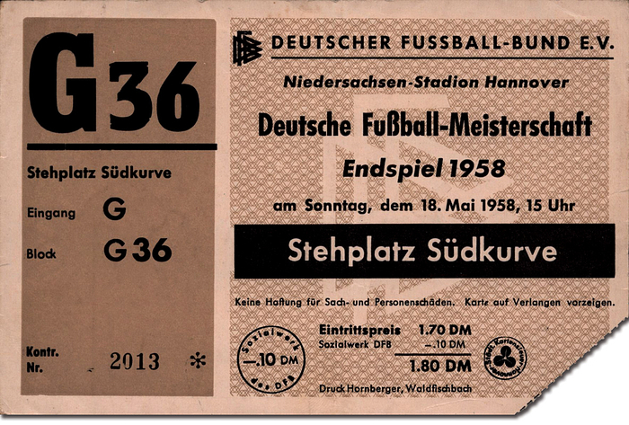 Eintrittskarte DM1958  | Endspiel um die Deutsche Fußballmeisterschaft 1958: Schalke 04 - Hamburger SV (3:0) am 18.5. in Hannover. 15x10 cm.
