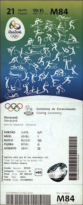  - Olympic Games Rio 2016 Ticket Closing Ceremony 21st august, 22x9 cm --creased Condition: B