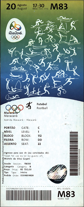 Eintrittskarte OSS2016  | Olympische Spiele Rio 2016: Eintrittskarte Endspiel Fußball Männer am 20.8.2016, Deutschland v Brasilien, 19x7,5 cm.