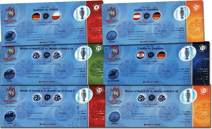  - Euro 2008 Complete German Ticket set incl. Final Tickets: Euro 2008: all 6 tickets for the German Matches, size each 20x8cm,  --creased Condition: B-C