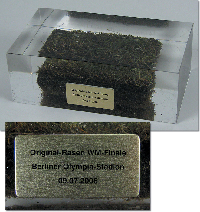  - World Cup 2006: original piece of turf from the pitch where the final France v Italy took place in Berlin, sealed in  an acrylic block,  size 14x8x5 cm, very decorative rare item. Condition: A