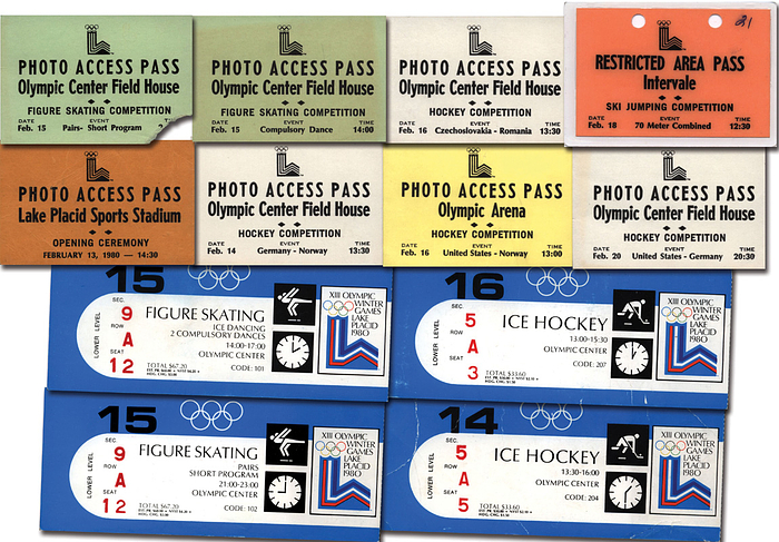 Eintrittskarte OSW1980  | 4 Eintrittskarten für die Olympischen Winterspiele Lake Placid 1980. je 16x7 cm. + 8 Fotopresstickets (opening ceremony, 4x Eishockey, 2x figure skating, 1x ski jumping), je 8,5x6 cm