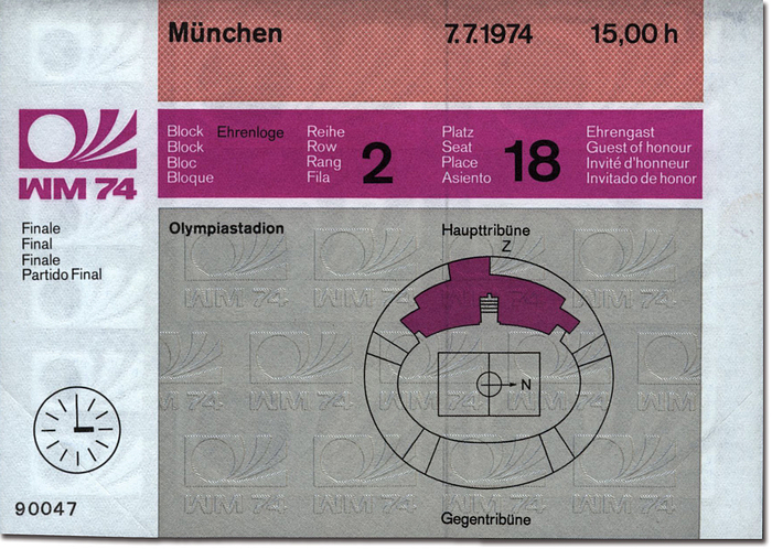 Eintrittskarte WM1974  | Endspiel Deutschland - Holland am 7.7.1974 in München. Fußball-Weltmeisterschaft 1974, 15x10cm. Unbenutztes, neuwertiges Ticket!