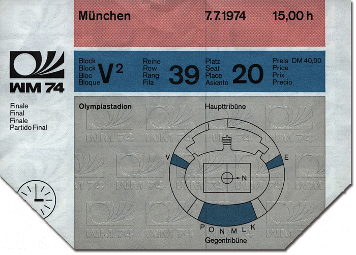 Eintrittskarte WM1974  | Endspiel Deutschland - Holland am 7.7.1974 in München. Fußball-Weltmeisterschaft 1974, 15x10cm.
