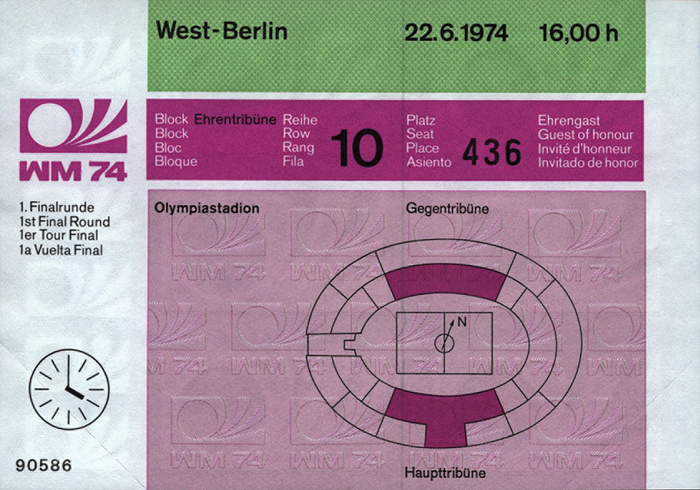  - Ticket: FIFA World Cup 1974. Australia vs Chile (0:0) in Berlin 22nd June 1974. This ticket is very rare since the match only had 14,000 spectators and was thus the match with the smallest audience. Size 15x10.5 cm. --Unused, like-new ticket. Extremely hard to find in this condition! Condition: A