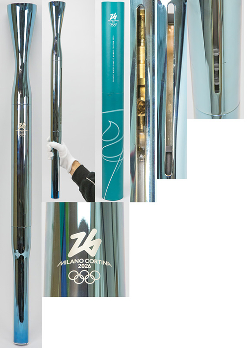 Olympiafackel 2026  | Original Olympiafackel "Essential" der Olympischen Winterspiele Mailand / Cortina d´Ampezzo 2026. Leichtmetall,  Polymer Gewicht: ca. 1060 Gramm und bestehen hauptsächlich aus recycelten Materialien. Ca. 1500 Fackeln wurden hergestellt.  Länge: 85 cm. In original Box für die Fackel aus Pappe.