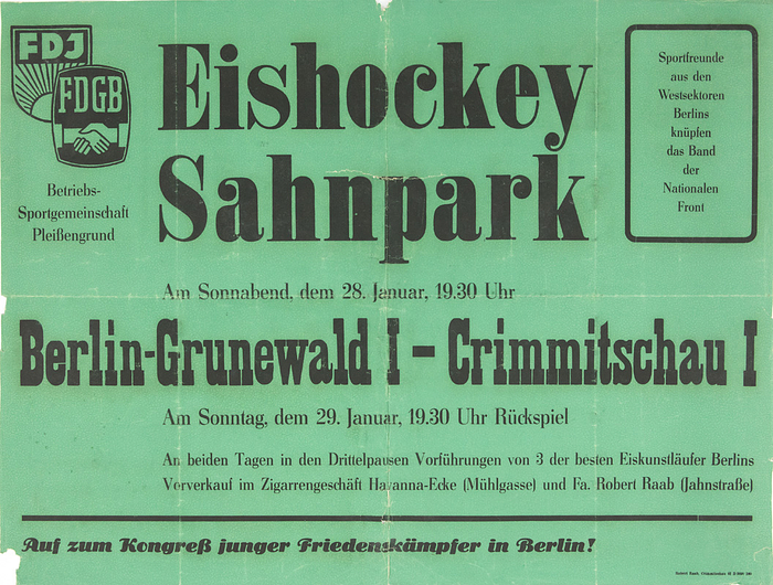 Plakat - Eishockey DDR 1952  | Original Plakat der BSG Pleißengrund "Eishockey Sahnepark am 28.1. Berlin. Berlin Grunewald I - Crimmitschau I" ca. 1952. 63x47 cm