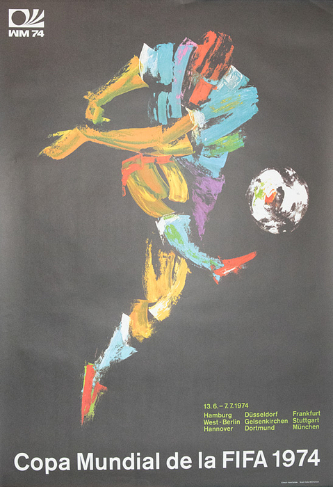  - Football World Cup 1974 . Official original poster for the Football World Cup in Germany 1974 SPANISH VERSION. "Coppa Mundial de la FIFA 1974 ". Designed by Horst Schäfer.  84 x 60 cm German Edition Condition: A-