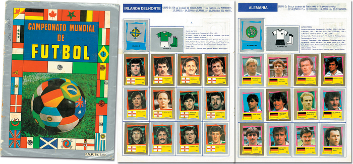  - World Cup 1986. Bolivian Sticker Album: Campeonato Mundial de Futbol (1986). Bolivian trading card album with pictures of player who participated in the World Cup 1986. Cover loos, abraded, buckled and stained, Handwritten note on cover. Extremely rare. 32 pages, 288 collor trading cards (complete) 23 x 22.5 cm. Brochure. Condition: C