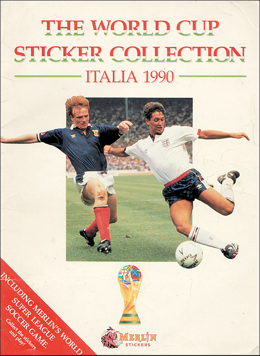 England World Cup 1990. Football Sticker Merlin - Official England World Cup Sticker Collection. 344 Stickers (complete) in Original Merlin sticker album 1990. Size 22x30cm, 64 pages.  (ENGLISH). Cover buckled, spine slightly torn. Condition: C