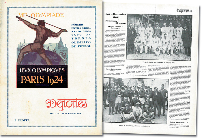 Olympic Games Paris 1924 Spanish Report Football - Olympic Games Paris 1924 Spanish Report Football: Special edition of the Spanish newspaper "Desportes" titled "VIIIe Olympiade Jeux Olympiques Paris 1924. Numero Extraordinarion dedicado al Torneo Olimpico de Futbol". 'Was published on occasion of the Olympic Football Tournament at the Olympic Games in Paris 1928. With reports of all matches and team photos of all participating teams. Very rare. Spine cracked. 36 pages with approx. 50 black-and-white pages, 32x24.5 cm, brochure, Barcelona, Desportes, 1924. Condition: C