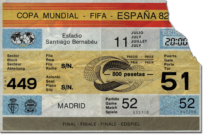  - FIFA World Cup 1982. Final Ticket Italy v Germany (3-1), Size 10x15 cm -- creased Condition: C+