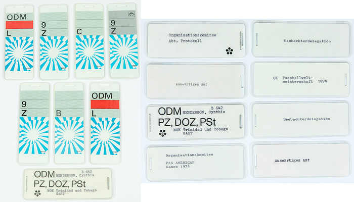 Ausweis OS 1972  | 8 verschiedene offizielle  Zugangsausweis für die Olympischen Spiele München 1972. In original Kunststoffhüllen, je 11x4 cm.