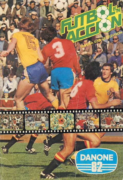  - World Cup 1982 Spanish Preview Sticker Album: Futbol en Accion - Famosa Serie de Television. Rare Spanish sticker album about the history of the Football World Cup from 1930 until 1982. Was published before the World Cup 1982. 16 pages, 20x29 cm, 96 colour stickers (complete), paperback, Danone, Barcelona 1981. Condition: C