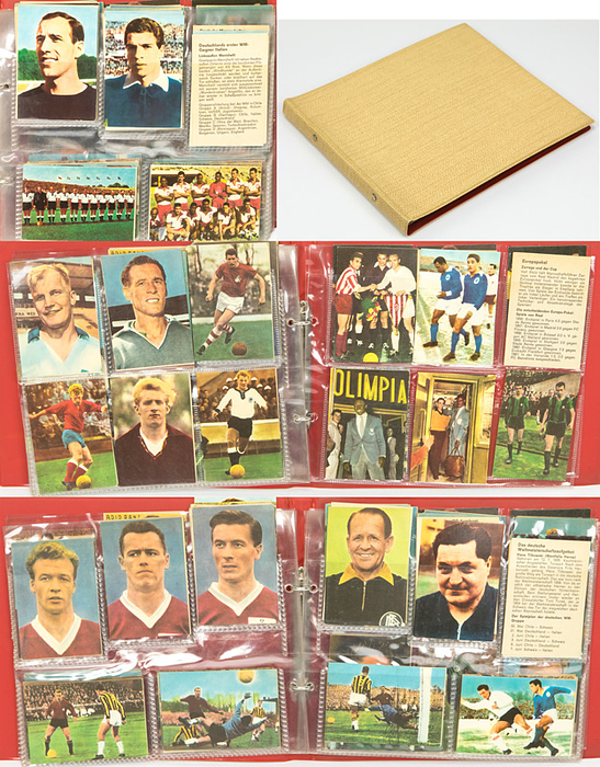 Sammelbilder-Heinerle 62  | 96 verschiedene Fußballsammelbilder von Heinerle aus der Serie Fußball - Weltmeisterschaft 1962 + Europapokal. 6,6x8,7cm.  In original Sammelmappe von Heinerle (Kunstoffringordner) 25x21,5 cm.