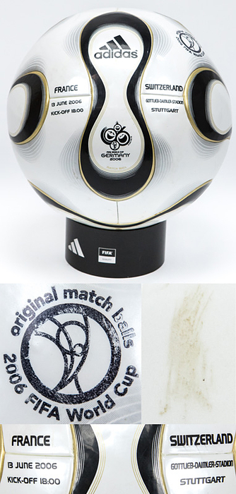Spielball WM 2006  | Original FIFA Spielball Adidas "Teamgeist" von der Fußball-Weltmeisterschaft 2006 in Deutschland aus dem Vorrundenspiel France - Switzerland am 13 June 2006 in Stuttgart. Mit aufgedruckter Spielpaarung und original FIFA Stempel "original match balls 2006 FIFA World Cup". Mit Spielspuren!